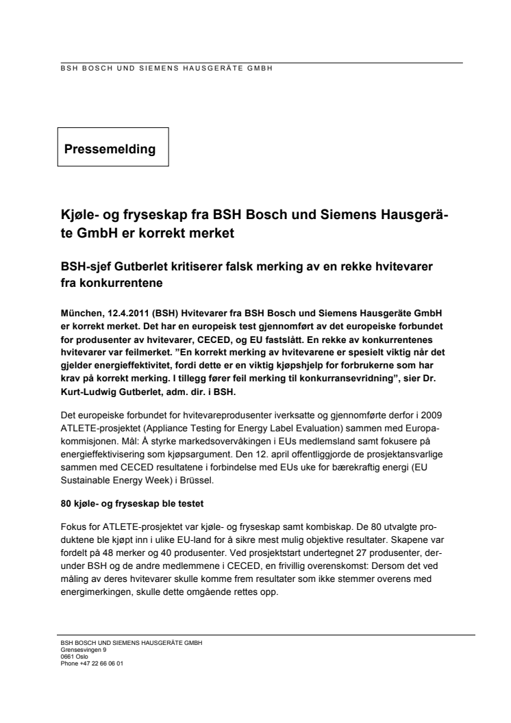 Kjøle- og fryseskap fra BSH Bosch und Siemens Hausgeräte GmbH er korrekt merket