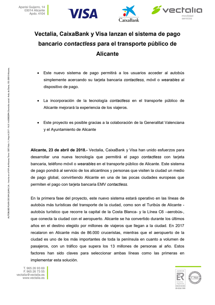  Vectalia, CaixaBank y Visa lanzan el sistema de pago bancario contactless para el transporte público de Alicante