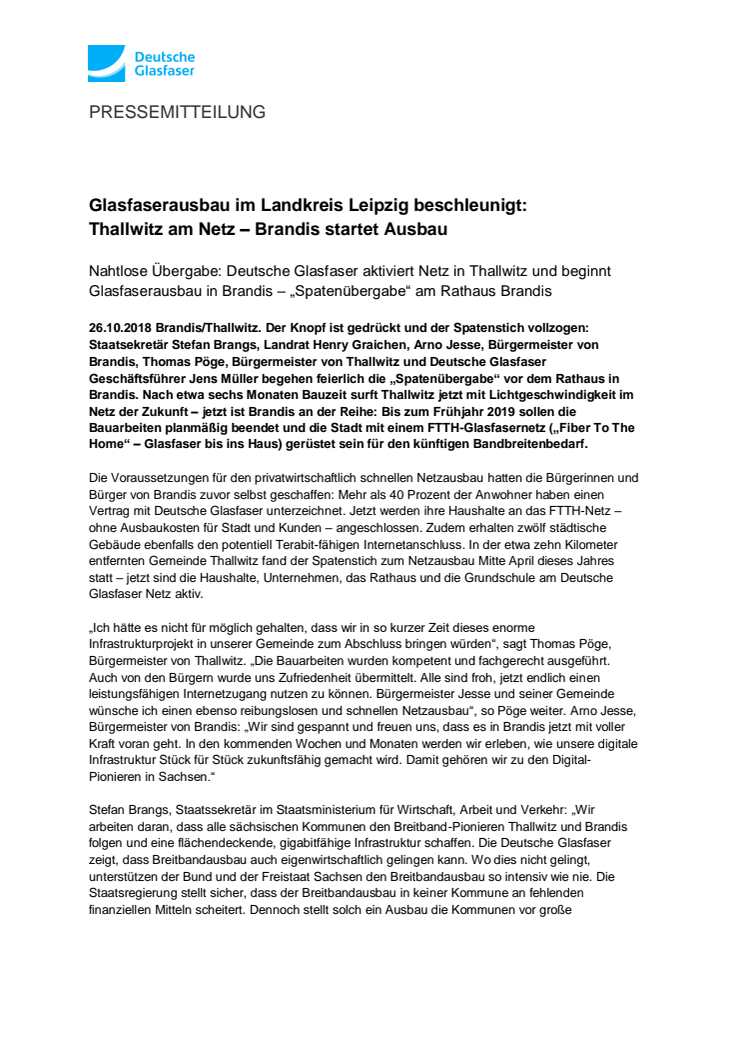 Glasfaserausbau im Landkreis Leipzig beschleunigt:  Thallwitz am Netz – Brandis startet Ausbau