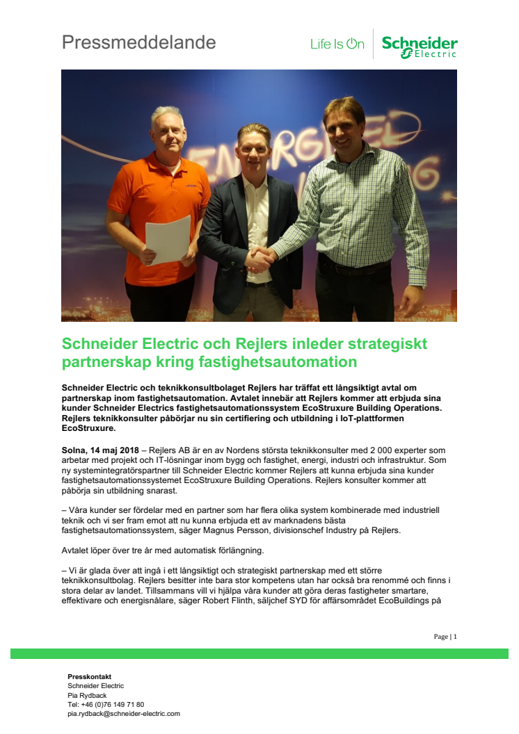 Schneider Electric och Rejlers inleder strategiskt partnerskap kring fastighetsautomation