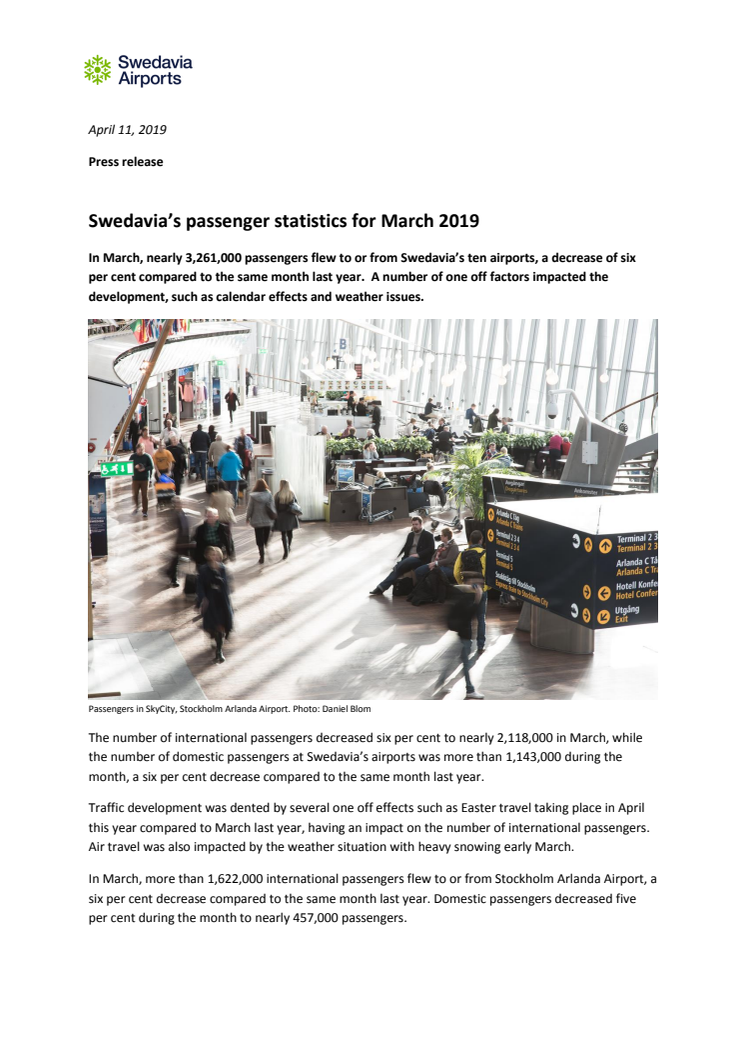 Swedavia’s passenger statistics for March 2019