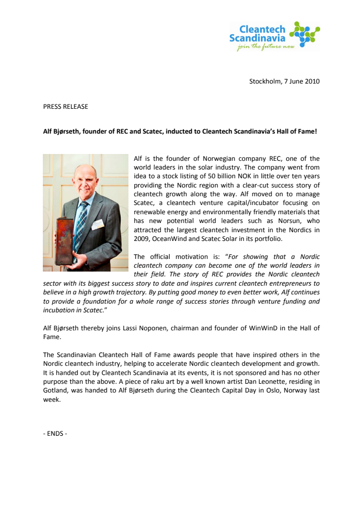 Alf Bjørseth, founder of REC and Scatec, inducted to Cleantech Scandinavia’s Hall of Fame