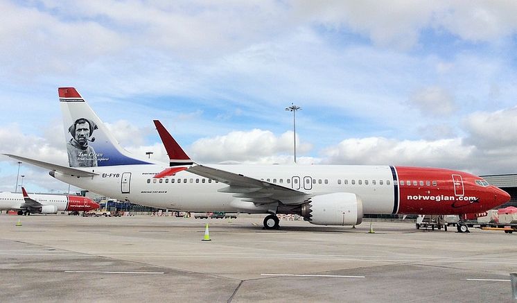 Norwegian's Tom Crean tail fin 737 MAX at Dublin Airport