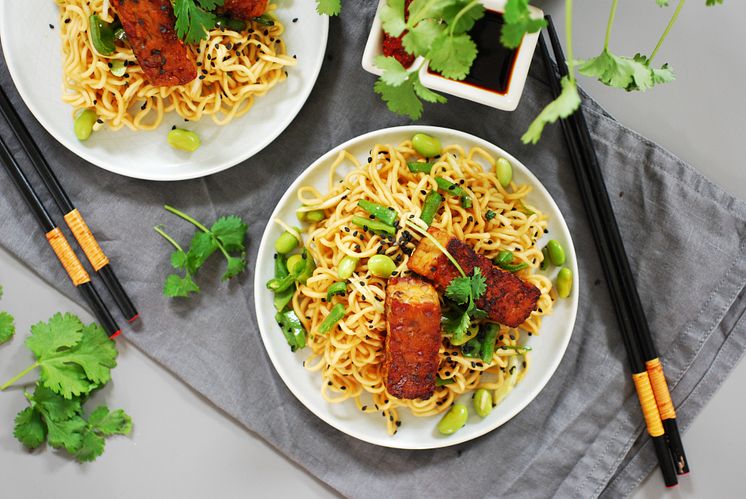 Nudelsallad med tempeh och krispiga grönsaker