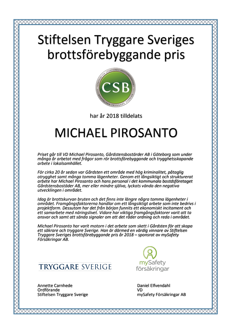 Diplom - Michael Pirosanto, Gårdstensbostäder AB