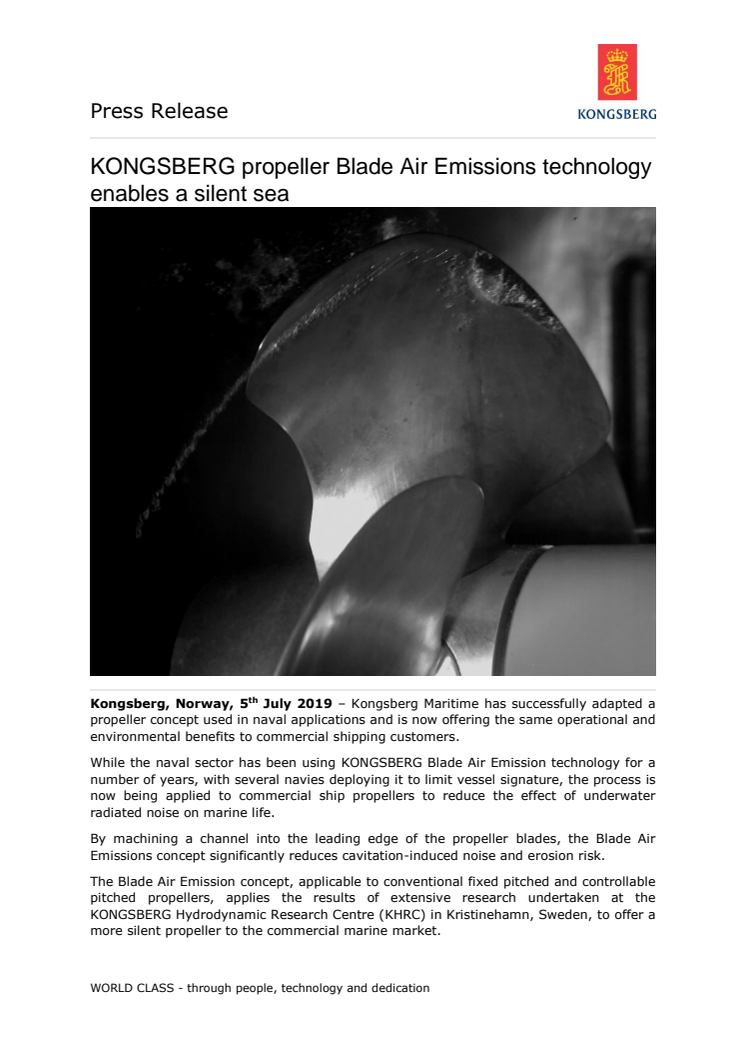 KONGSBERG propeller Blade Air Emissions technology enables a silent sea