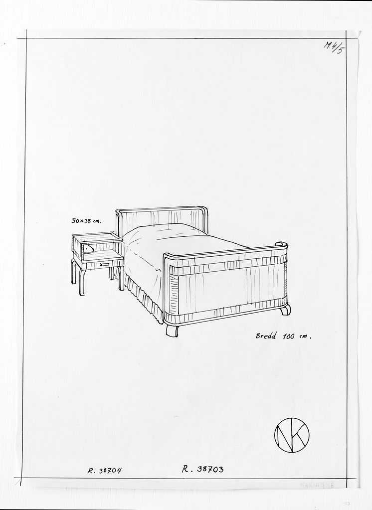 NK skiss säng nattbord modell Marianne Nordiska museet
