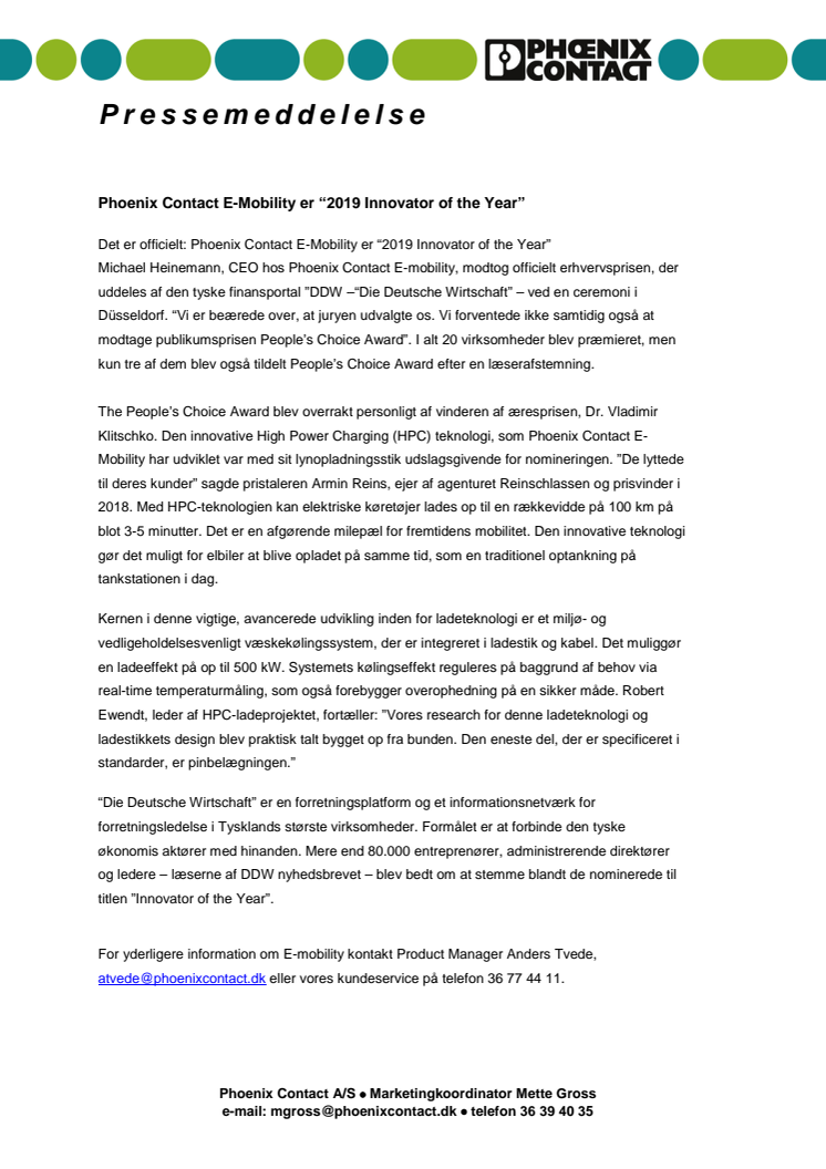 Phoenix Contact E-Mobility er “2019 Innovator of the Year”