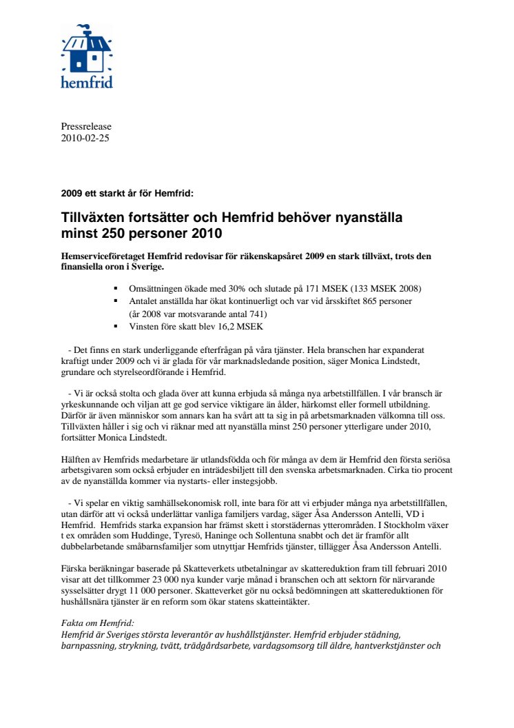 2009 ett starkt år för Hemfrid: Tillväxten fortsätter och Hemfrid behöver nyanställa minst 250 personer 2010 