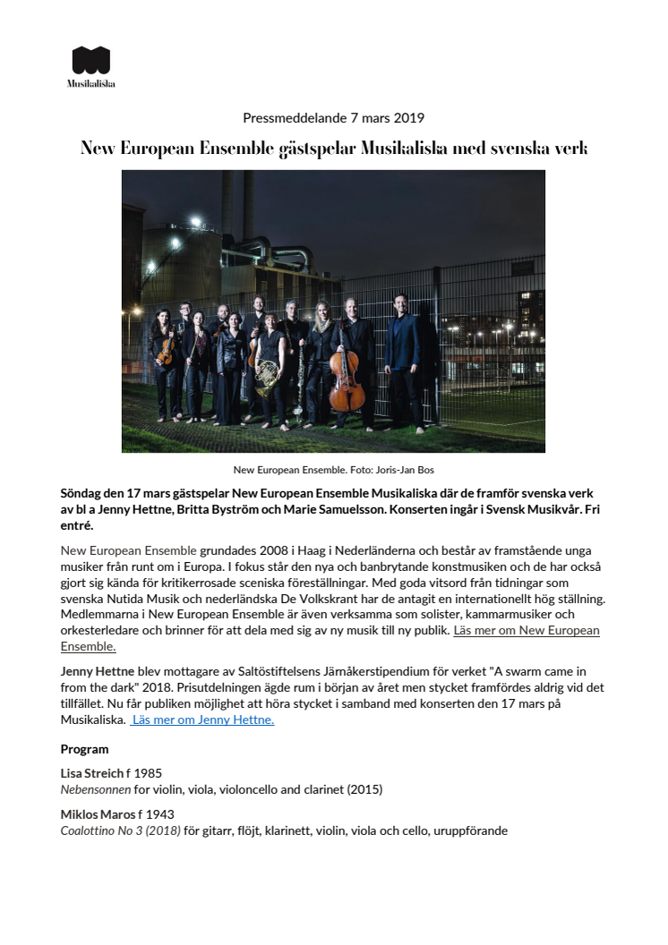 New European Ensemble gästar Musikaliska med svenska verk