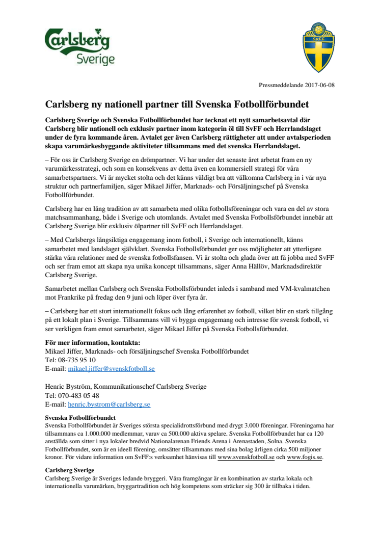 Carlsberg ny nationell partner till Svenska Fotbollförbundet