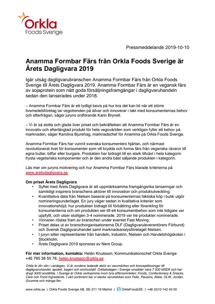 Anamma Formbar Färs från Orkla Foods Sverige är Årets Dagligvara 2019
