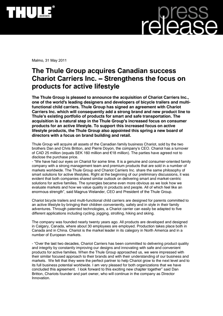 The Thule Group acquires Canadian success Chariot Carriers Inc. – Strengthens the focus on products for active lifestyle