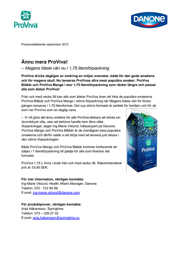 Ännu mera ProViva! – Magens bästa vän nu i 1,75 litersförpackning