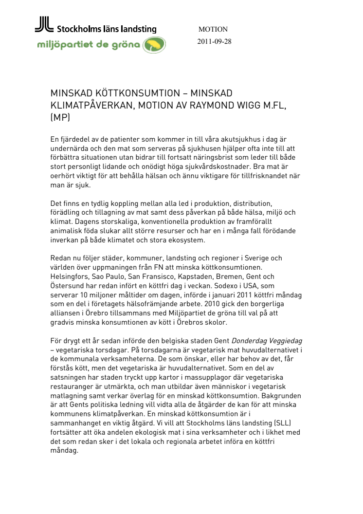 MOTION: MINSKAD KÖTTKONSUMTION – MINSKAD KLIMATPÅVERKAN