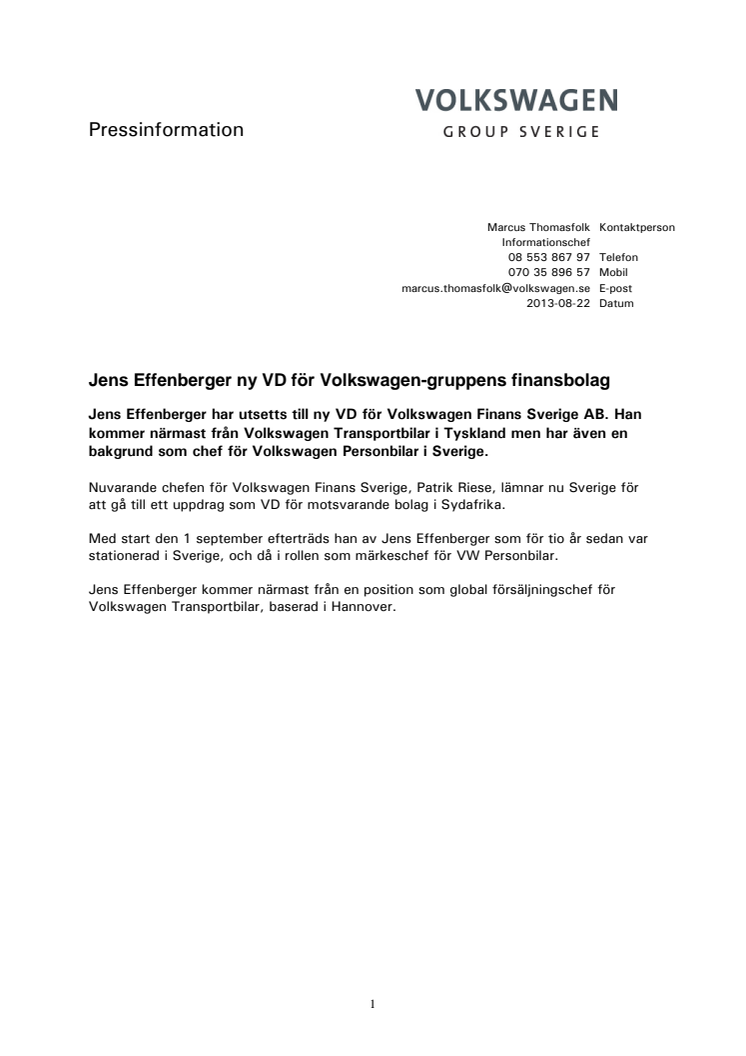 Jens Effenberger ny VD för Volkswagen-gruppens finansbolag 