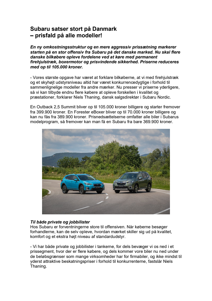 Subaru satser stort på Danmark  – prisfald på alle modeller!