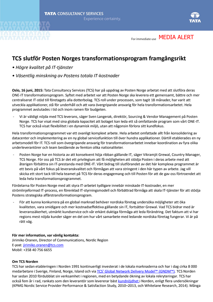 TCS slutför Posten Norges transformationsprogram framgångsrikt   