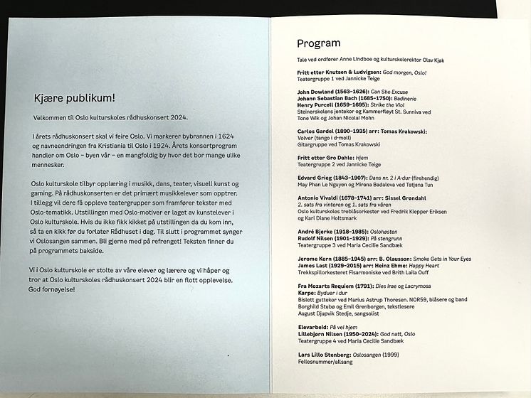 Oslo kulturskoles Rådhuskonsert 2024 Program