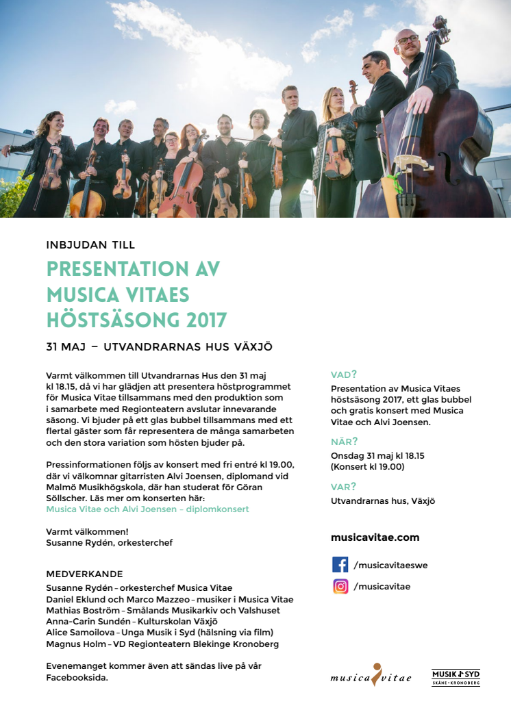 Inbjudan till presstillfälle: presentation av Musica Vitaes höstsäsong 2017