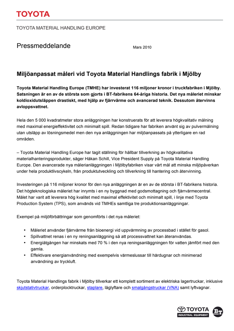Miljöanpassat måleri vid Toyota Material Handlings fabrik i Mjölby