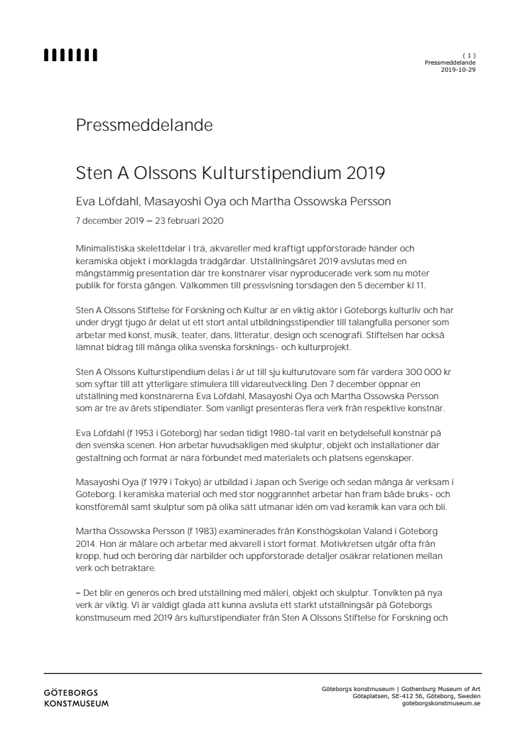 Sten A Olssons Kulturstipendium 2019