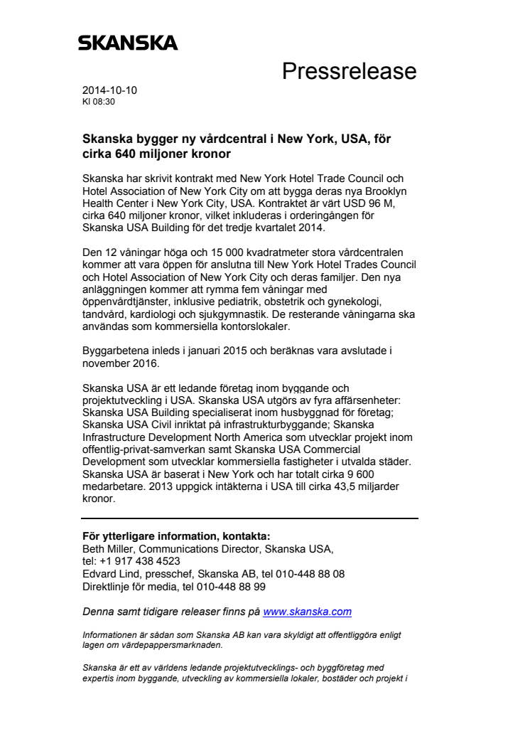 Skanska bygger ny vårdcentral i New York, USA, för cirka 640 miljoner kronor