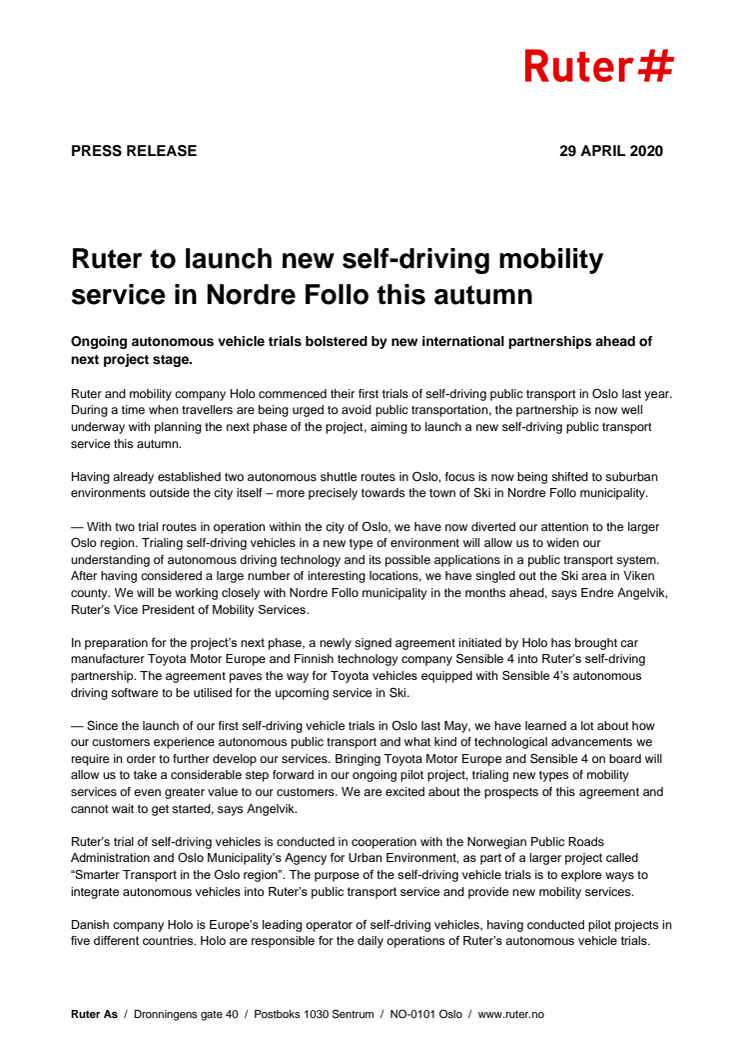 Press Release: Ruter to launch new self-driving mobility service in Nordre Follo this autumn