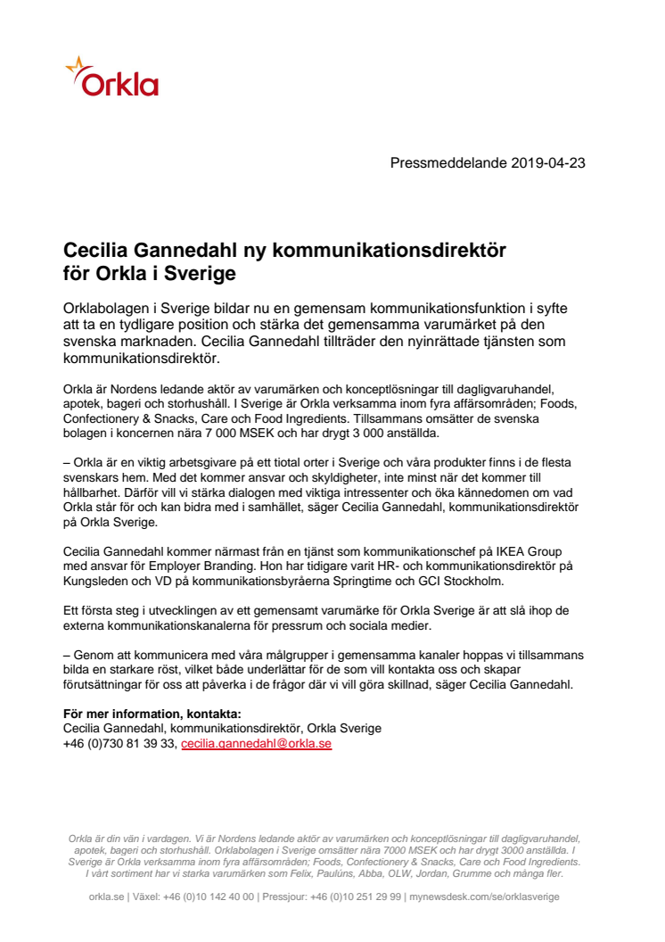 Cecilia Gannedahl ny kommunikationsdirektör för Orkla i Sverige