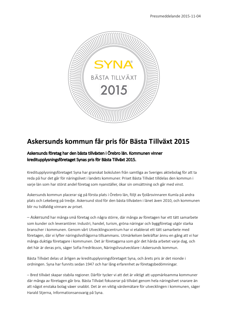 Askersunds kommun får pris för Bästa Tillväxt 2015