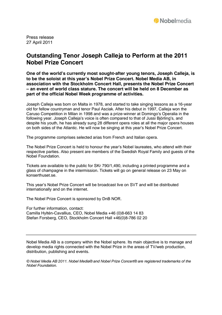 Outstanding Tenor Joseph Calleja to Perform at the 2011 Nobel Prize Concert