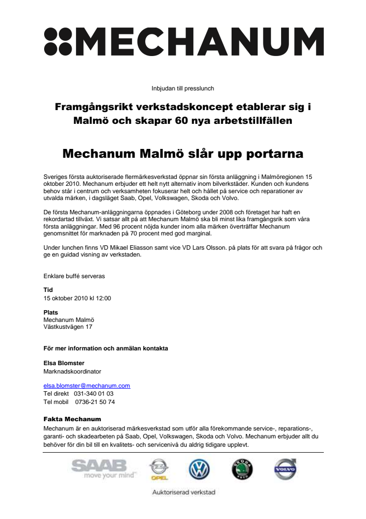 Inbjudan till presslunch på Mechanum Malmö den 15 oktober