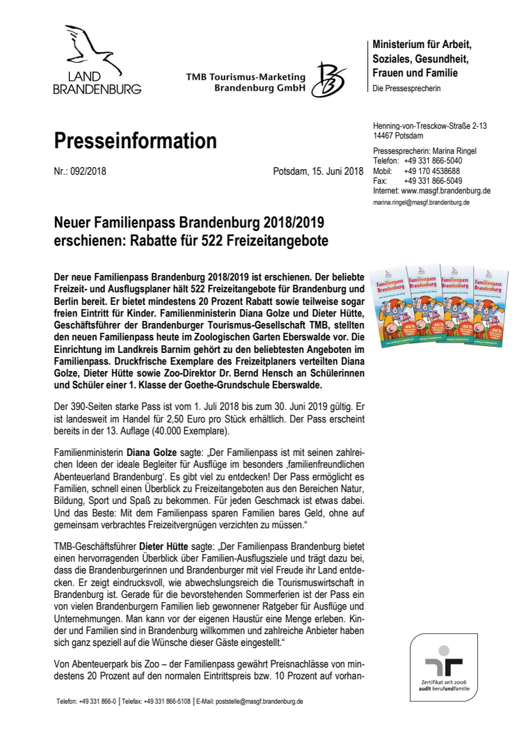 Neuer Familienpass Brandenburg 2018/2019 erschienen