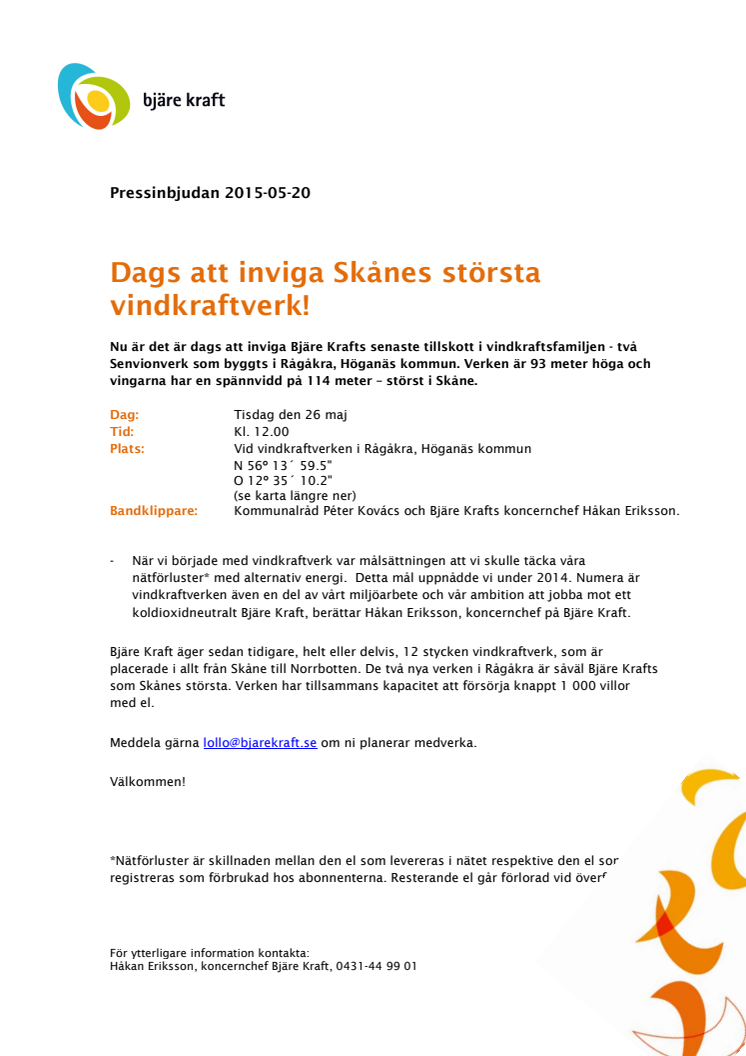 Pressinbjudan: Dags att inviga Skånes största vindkraftverk!