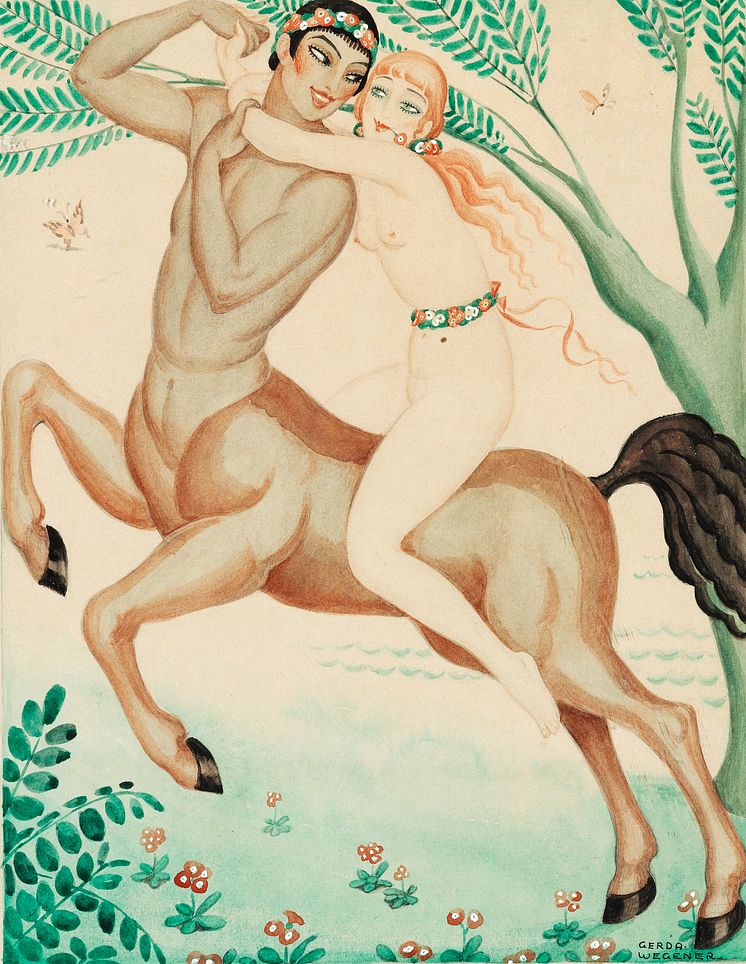 Gerda Wegener: "Ung kvinde ridende på kentaur"