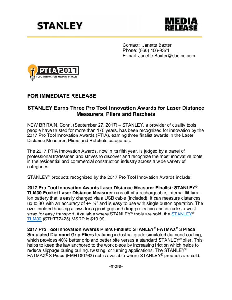 STANLEY Earns Three Pro Tool Innovation Awards for Laser Distance Measurer, Pliers and Ratchets