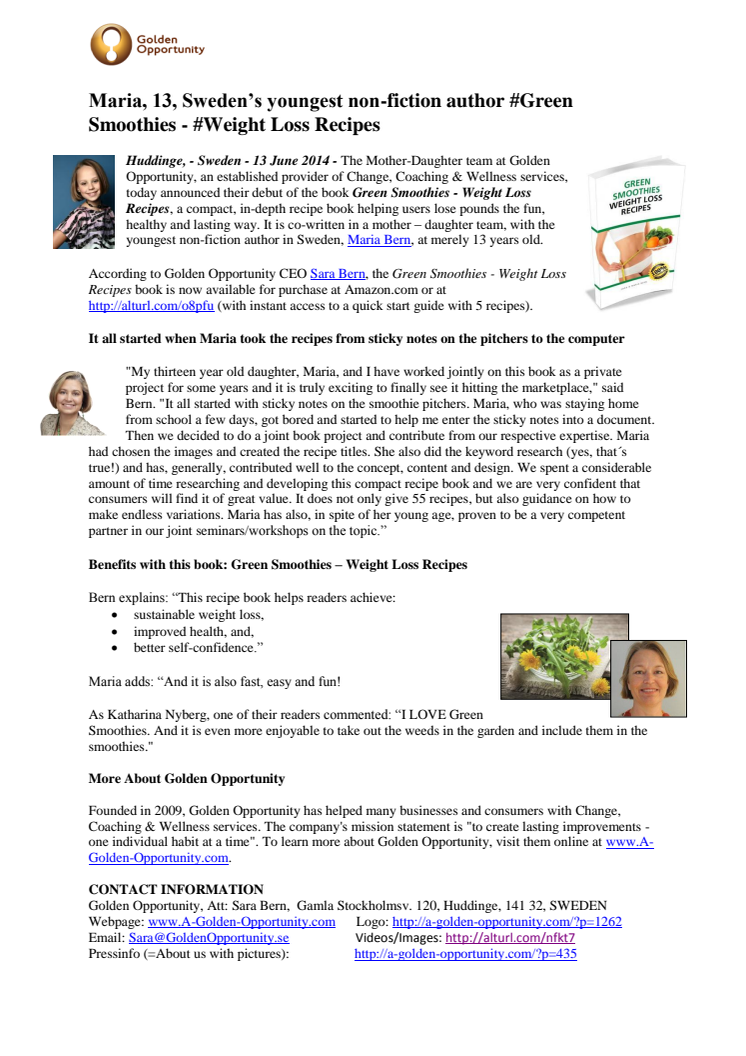 Maria, 13, Sweden’s youngest non-fiction author #Green Smoothies - #Weight Loss Recipes