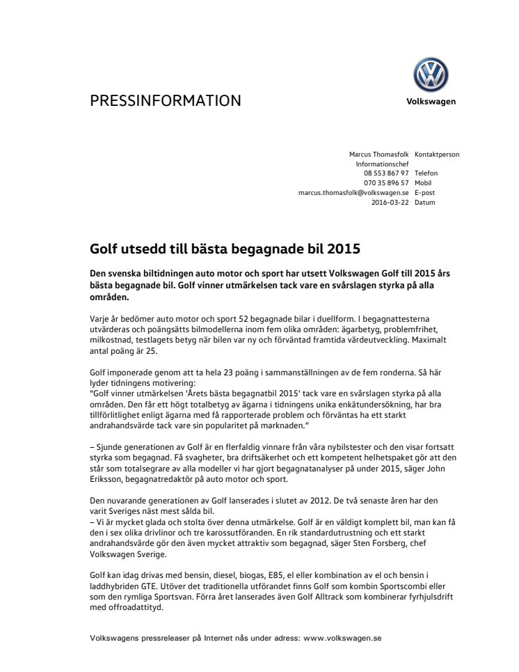 Golf utsedd till bästa begagnade bil 2015