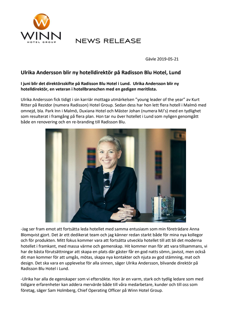 Ulrika Andersson blir ny hotelldirektör på Radisson Blu Hotel, Lund