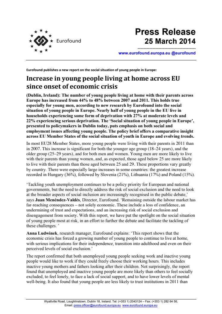 Increase in young people living at home across EU since onset of economic crisis