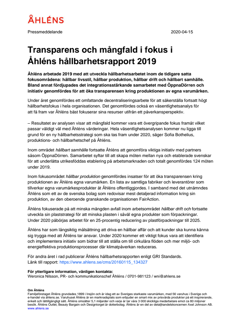 Transparens och mångfald i fokus i Åhléns hållbarhetsrapport 2019