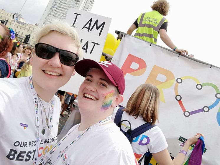 LGBT+ Network co-chairs Stephanie Sauvarin and Nicola Baillie get ready for GTR's 'Show us your Pride' event at home. (picture taken in 2019) 