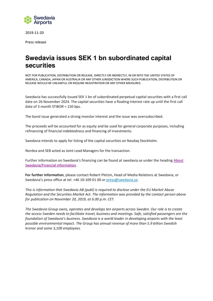 Swedavia issues SEK 1 bn subordinated capital securities