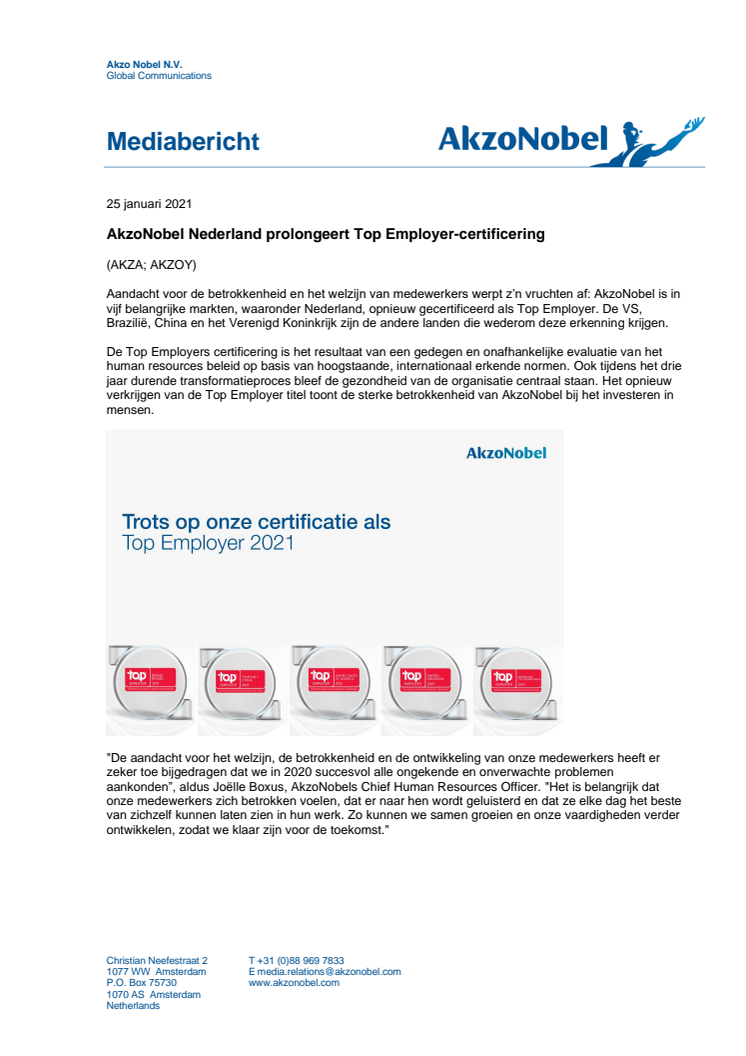 AkzoNobel Nederland prolongeert Top Employer-certificering 