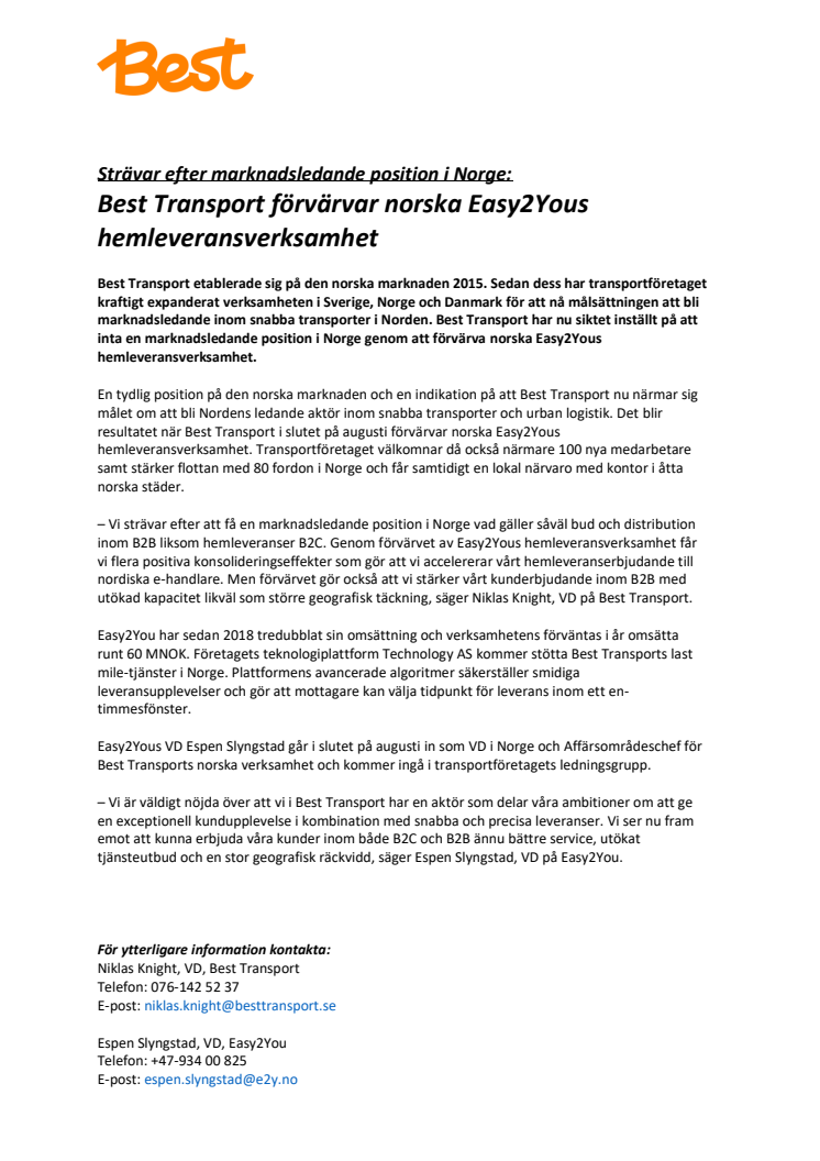 Strävar efter marknadsledande position i Norge: Best Transport förvärvar norska Easy2Yous hemleveransverksamhet