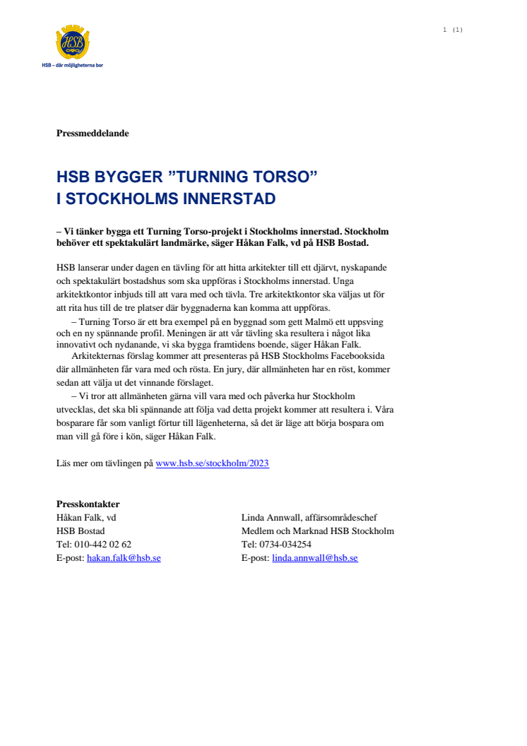 HSB bygger ”Turning Torso” i Stockholms innerstad 
