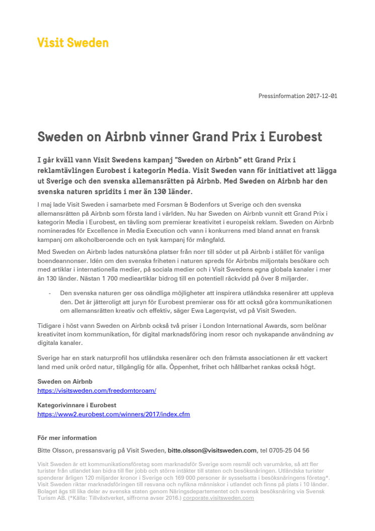Sweden on Airbnb vinner Grand Prix i Eurobest 