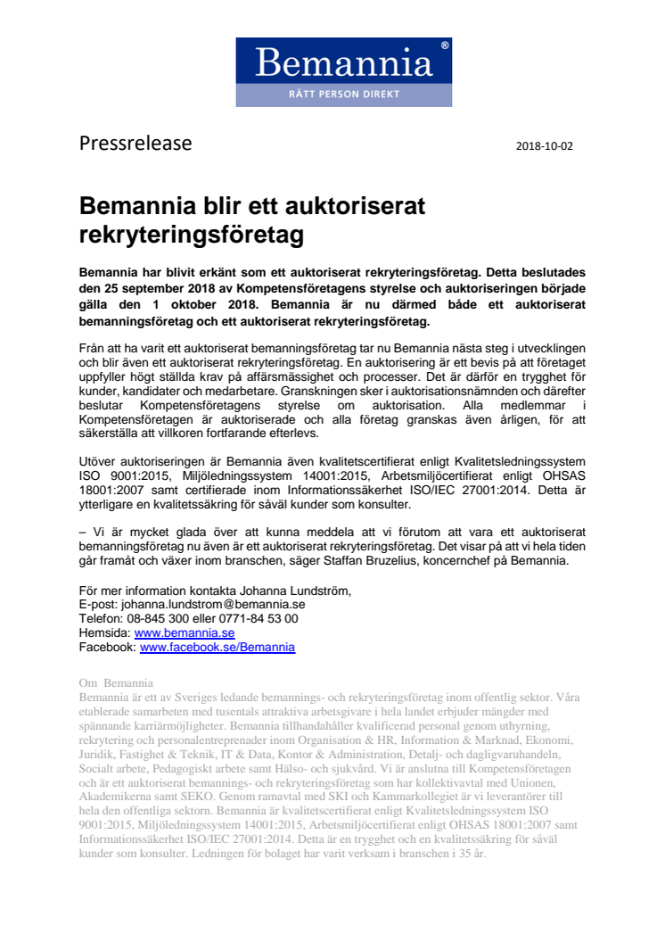 Bemannia blir ett auktoriserat rekryteringsföretag