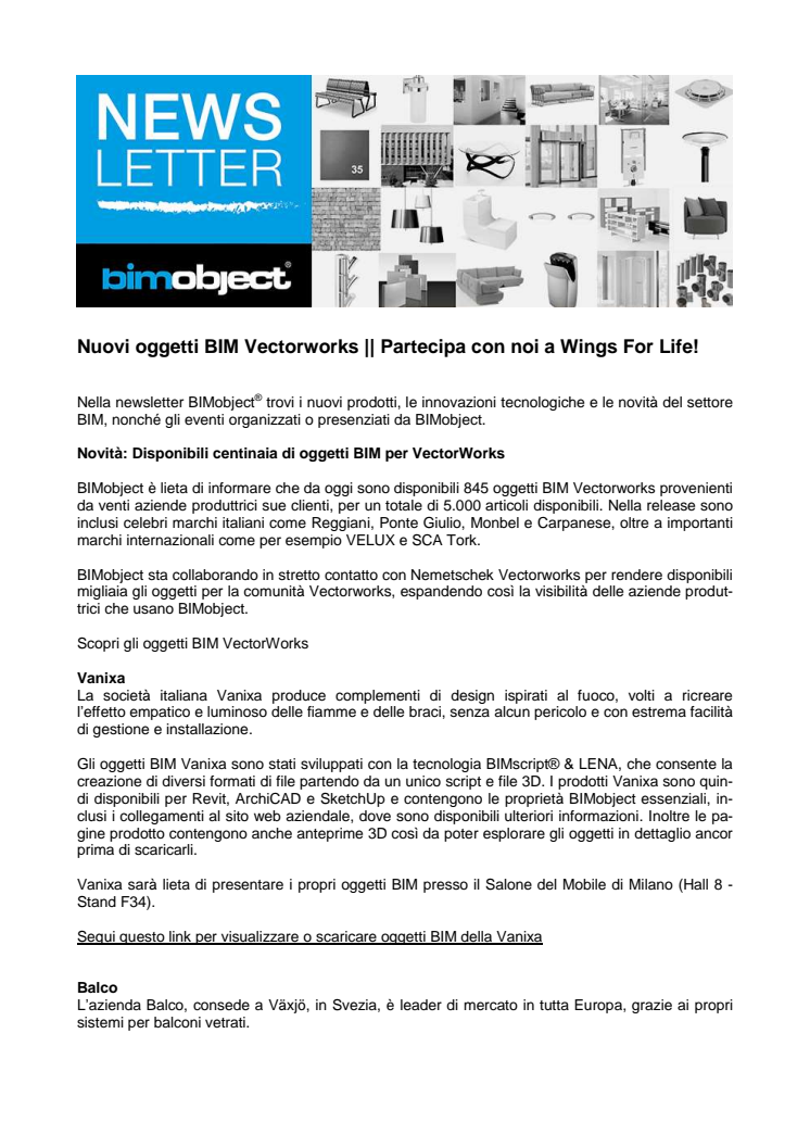 Nuovi oggetti BIM per Vectorworks, ArchiCAD, Revit e Sketchup || Partecipa con noi a Wings For Life!