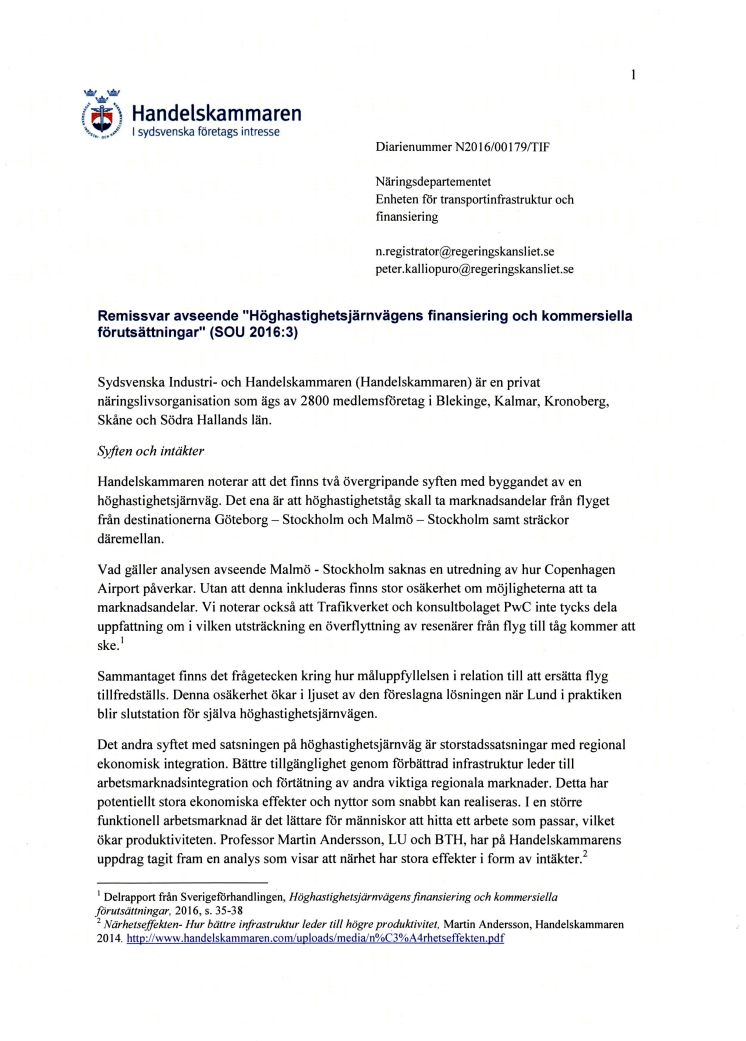 Remissvar avseende delrapport från Sverigeförhandlingen- Höghastighetsjärnvägens finansiering och kommersiella förutsättningar